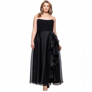 Betsy & Adam Strapless Black Ruffled A-Line Gown